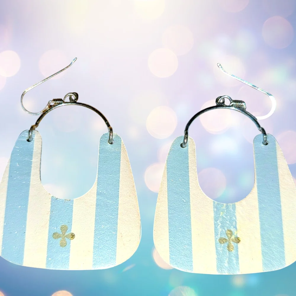 Nickel & Suede Blue and White Striped Drop Earrings - Picture 2 of 2